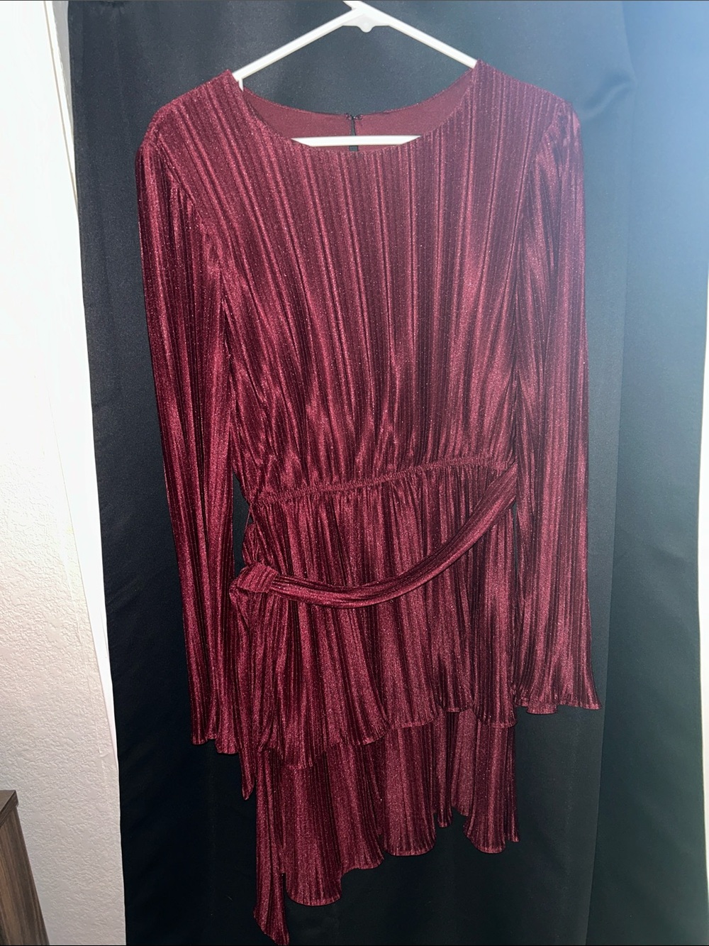 City Studio Burgundy Pleated Long-Sleeve Dress